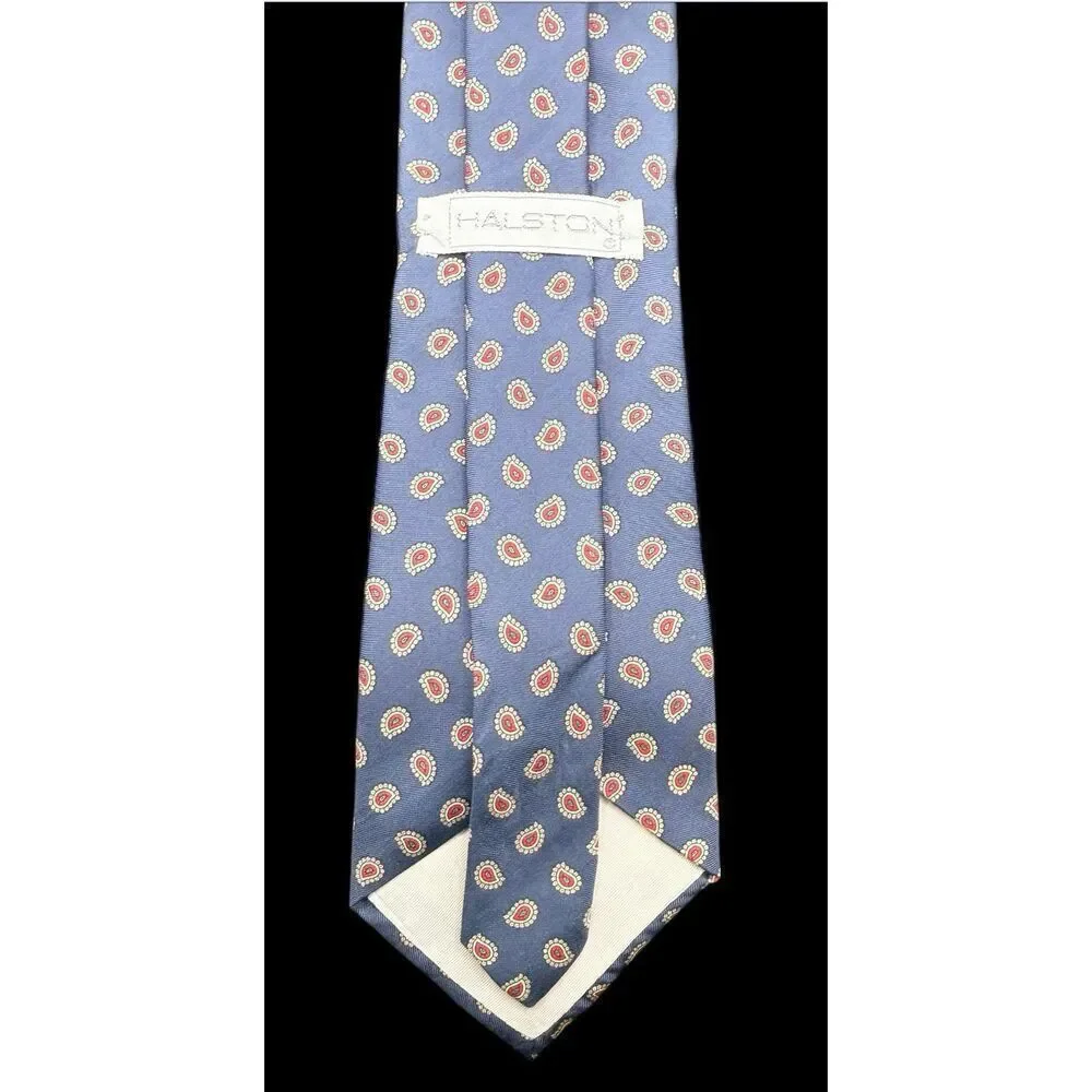 Halston Italian Silk Vintage Tie Blue W/Red Paisley Classic Designer